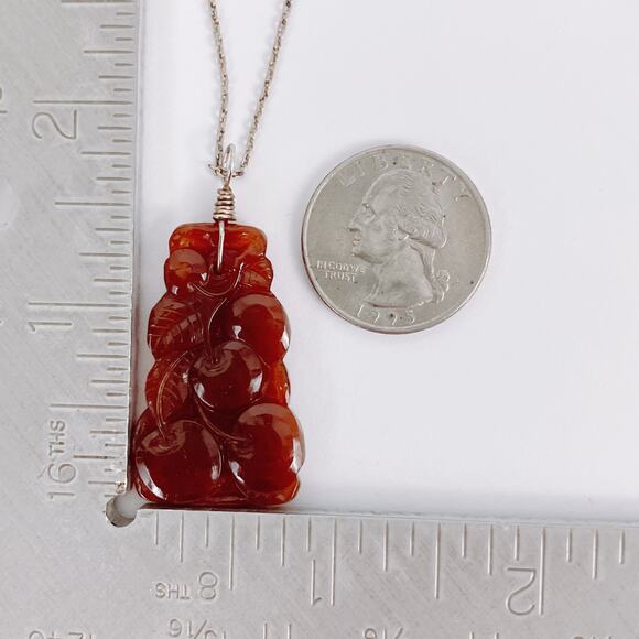 Vintage Faux Carnelian Molded Glass Fruit Pendant Sterling Silver Necklace 23" - Picture 11 of 12